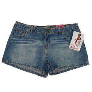 SO Juniors 11 No Waist Blue Denim Jean City Shorts 3in Inseam Whiskered Y2K NEW